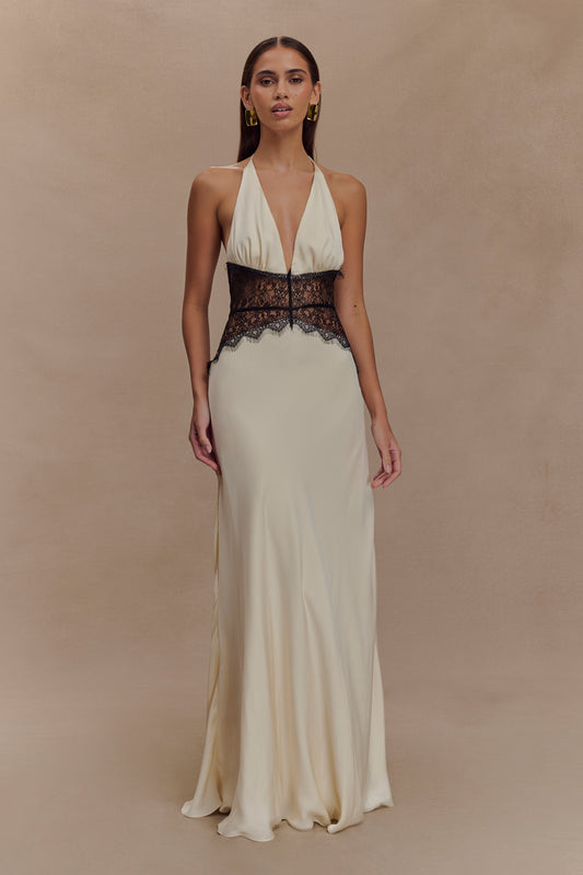 Diora Lace & Satin Maxi Dress - Black/Ivory