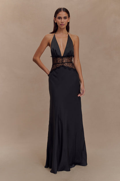 Diora Lace & Satin Maxi Dress - Black